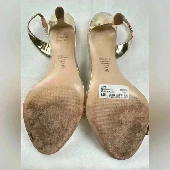 Brazilian Designer Schutz Luriane Metallic 4" High Heels Sandal Size 9.5 Gold - Picture 2 of 9